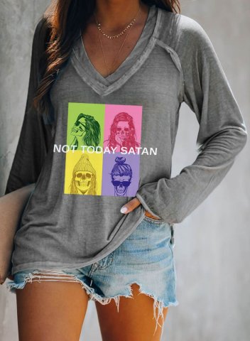 Women's Not Today Satan Graphic T-shirts Color Block Portrait Print Long Sleeve V Neck Daily T-shirt