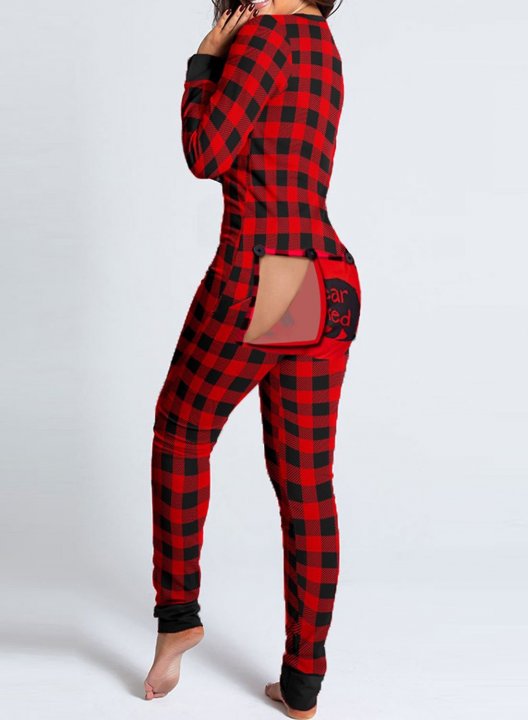 Women's Pajama-Bodysuits Christmas Mama Bear Plaid Print Functional Buttoned Flap Pajama-Bodysuit