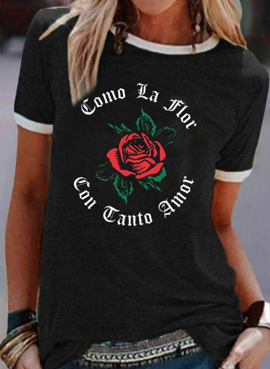 Women's T-shirts Letter Rose Short Sleeve Round Neck Casual T-shirt