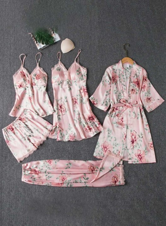 Women's Loungewear Sets Solid Floral Lace 4-Piece Loungewear Set