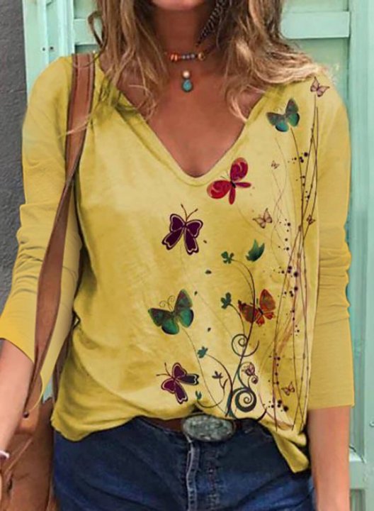 Women's Shirt Floral Butterfly Print Long Sleeve V Neck Tops