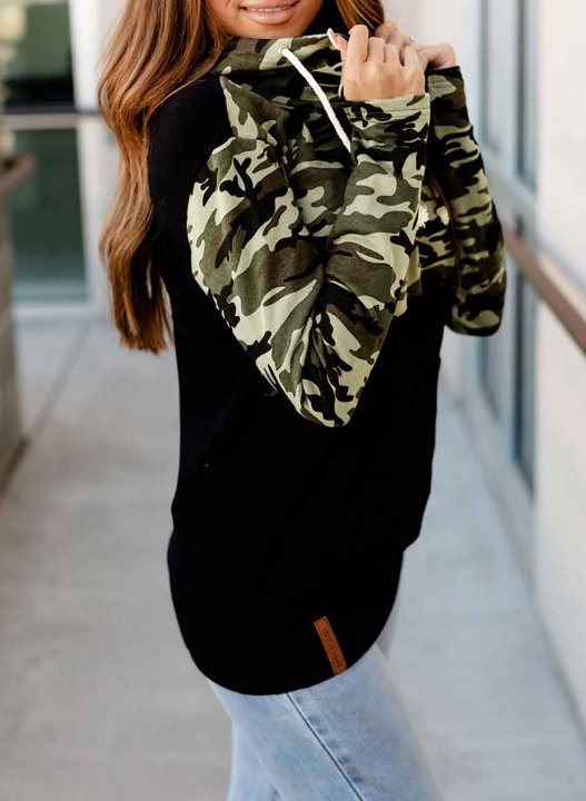 Color Block Leopard Camouflage Zip Front Hoodie