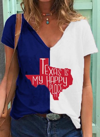 Women's Texas is My Happy Place T-shirts Letter Texas Independence Day Festival V Neck Short Sleeve Daily Casual Summer T-shirts