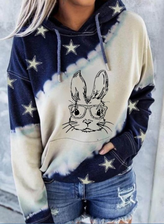 Women's Easter bunny Hoodies Color Block Star Long Sleeve Casual Pocket Hoodie