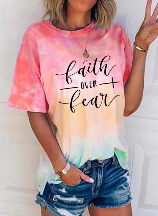 Women's Faith over Fear Tie Dye T-shirts Color Block Letter Round Neck Short Sleeve Summer Casual Daily T-shirts