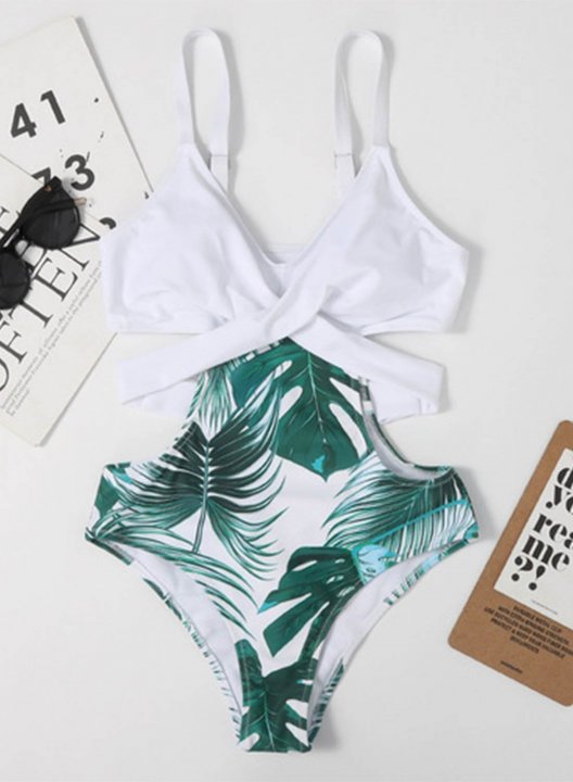 Women's One Piece Swimwear Floral Color Block V Neck One-Piece Swimsuits One-Piece Bathing Suits