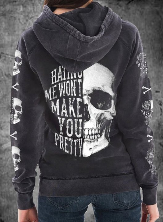 Women's Black Hoodies Skull Portrait Letter Round Neck Daily Vintage Hoodie