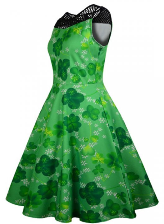 Women's Halter Neck Midi Dresses Sleeveless Fit Flare Shamrock Print St Patrick's Day Festival Vintage Midi Dress