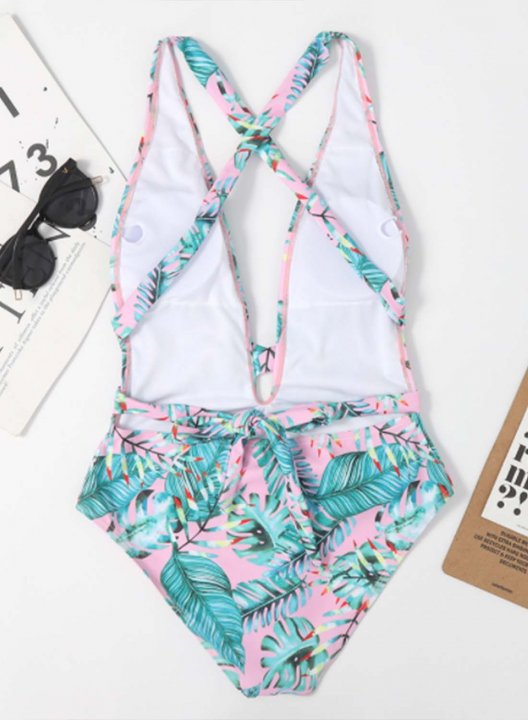 Women's One Piece Swimwear Floral V Neck Knot Vacation One-Piece Swimsuits One-Piece Bathing Suits