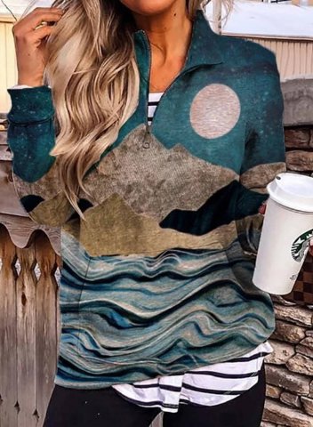 Women's Sweatshirt Casual Color Block Landscape Long Sleeve High Neck Zip Basic Pullovers
