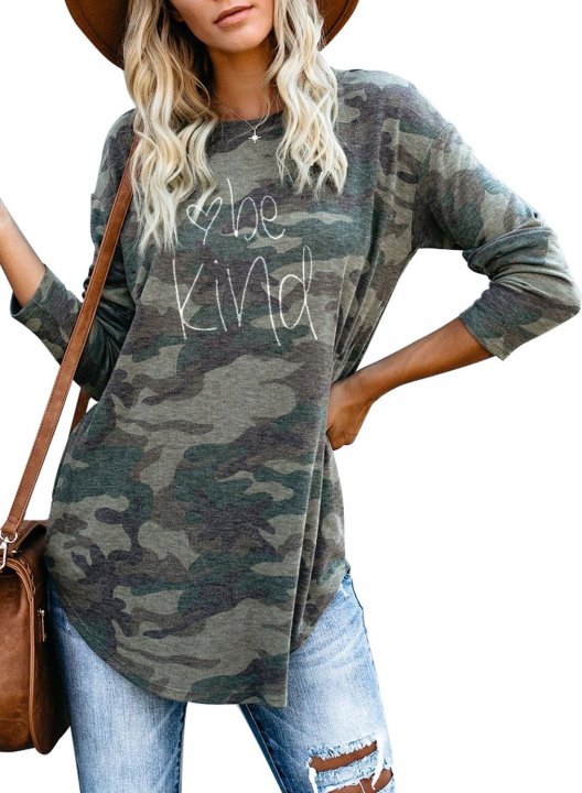 Camouflage Long Sleeve Lip Print Crew Neck Tunic Sweatshirt