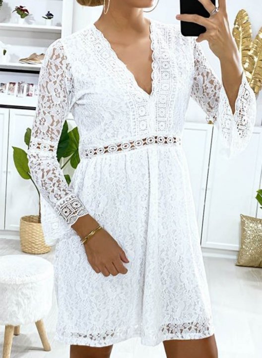 Women's Mini Dress Solid Floral Lace Fit & Flare Long Sleeve V Neck Summer Daily Mini Dress