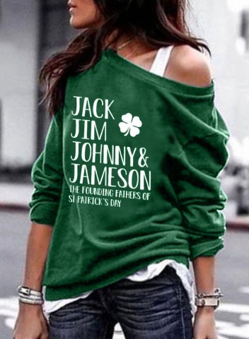 Women's St. Patrick's Day Sweatshirts Jack Jim Johnny Jameson Print One Shoulder Long Sleeve Spring Casual Daily Sweatshirts