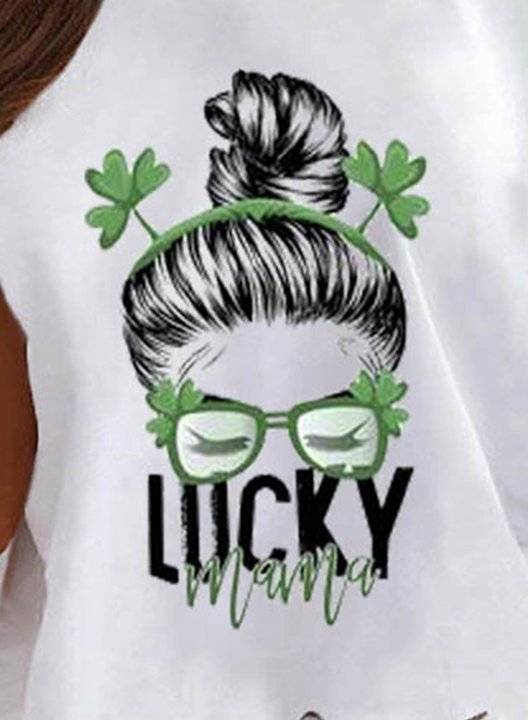 Women's St Patrick's Day Lucky Mama T-shirts Portrait Print Short Sleeve One-shoulder Daily T-shirt