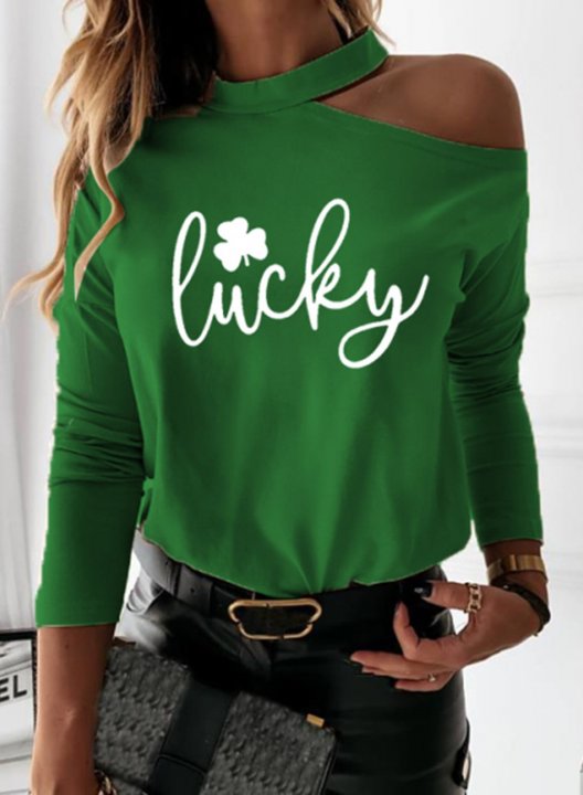 Women's Pullovers Asymmetric Letter Clover Long Sleeve Halter Daily Casual Pullover