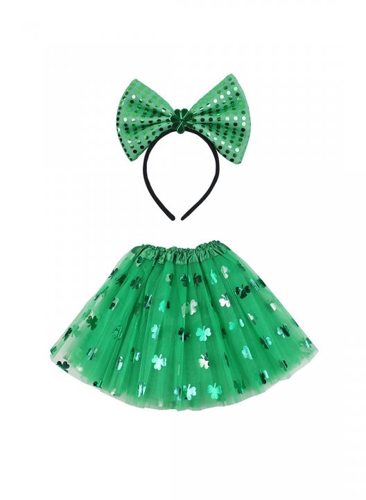 Irish Suit Shamrock Sequined Big Bow Headband St. Patrick's Day Three-layer Veil Skirt