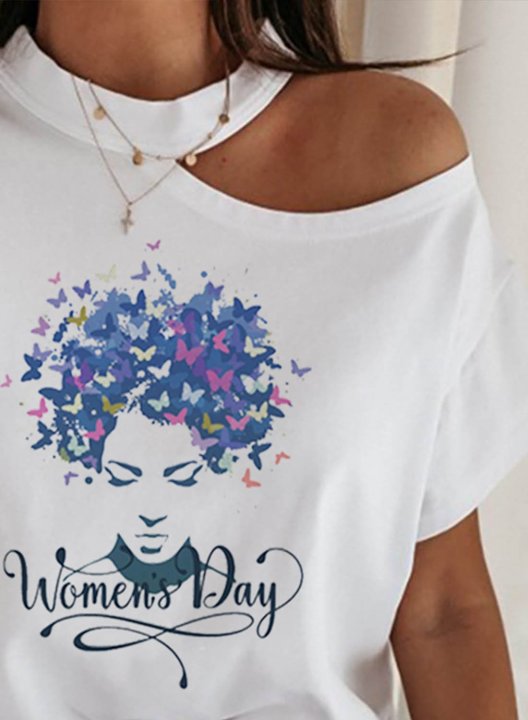 Women's T-shirts Portrait Letter Print Short Sleeve Cold Shoulder Daily T-shirt