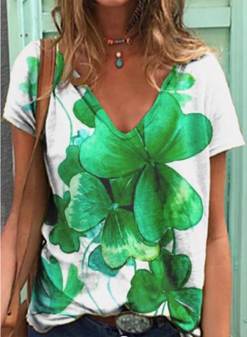 Women's St Patrick's Day T-shirts Clover-print Short Sleeve V Neck Daily Casual Loose T-shirt