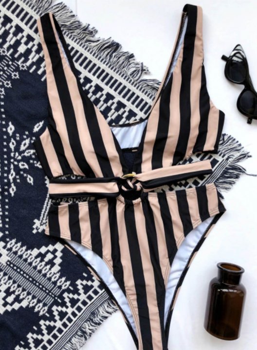 Women's One Piece Swimwear Color Block Striped V Neck One-Piece Swimsuit