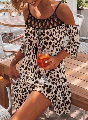 Women's Mini Dresses Leopard Cold Shoulder Spaghetti Half Sleeve Cut-out Dress
