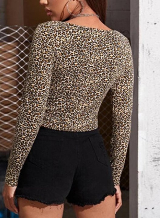 Women's Pullovers Leopard Cropped V Neck Long Sleeve Daily Pullovers