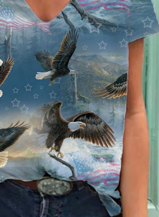 Women's T-shirts Eagle Print Color Block Short Sleeve V Neck Daily T-shirt