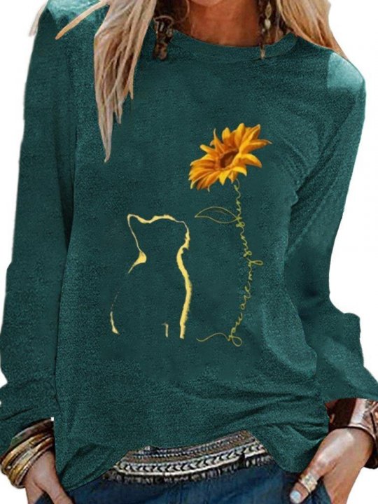 Cats & Sunflower Print Long Sleeve Shirts & Tops