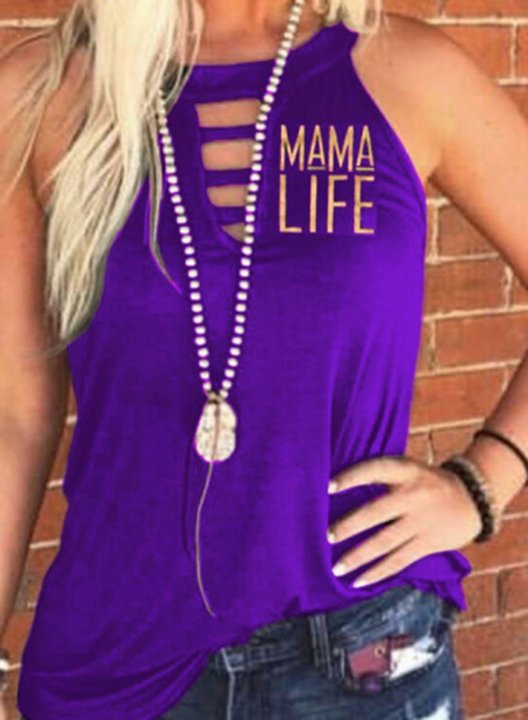 Women's Mama Life Letter Print Tank Tops Sleeveless Round Neck Casual Cut-out T-Shirt Tank