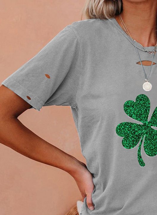 Women's T-shirts Clover Print Cut-out Sequin Short Sleeve Round Neck Daily T-shirt