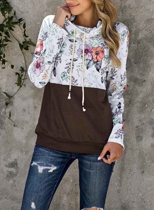 Color Block Long Sleeve High Neck Floral Sweatshirt