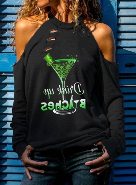 Women's St Patrick's Day Sweatshirt Drink up Bitches Long Sleeve Cold Shoulder Casual T-Shirt