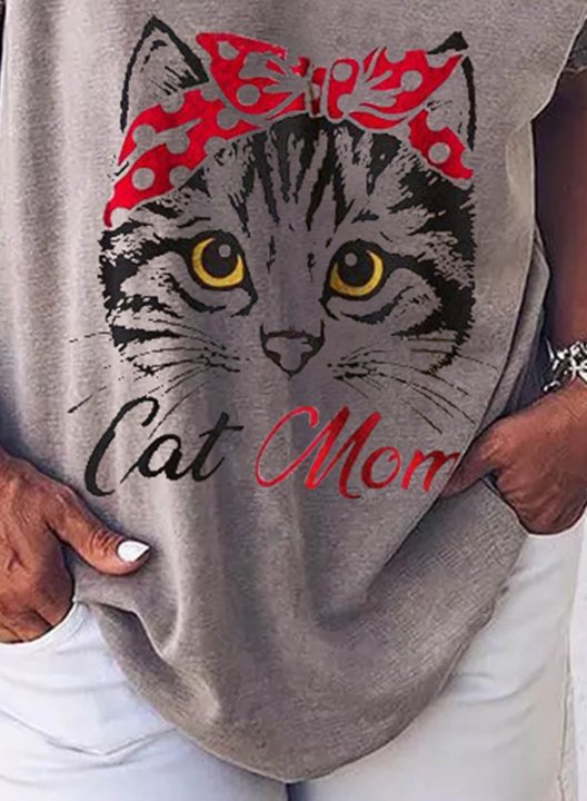 Women's T-shirts Cat Letter Print Short Sleeve V Neck Daily T-shirt