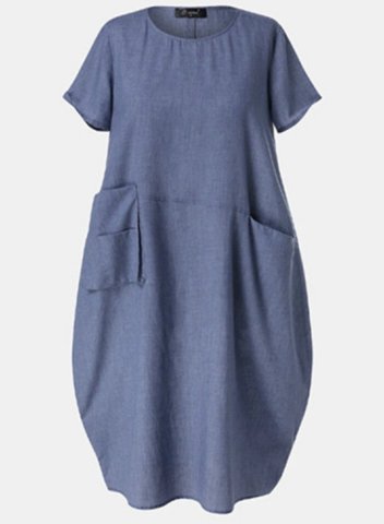 Women's Midi Dresses Solid Short Sleeve Shift Round Neck Daily Pocket Midi Dress