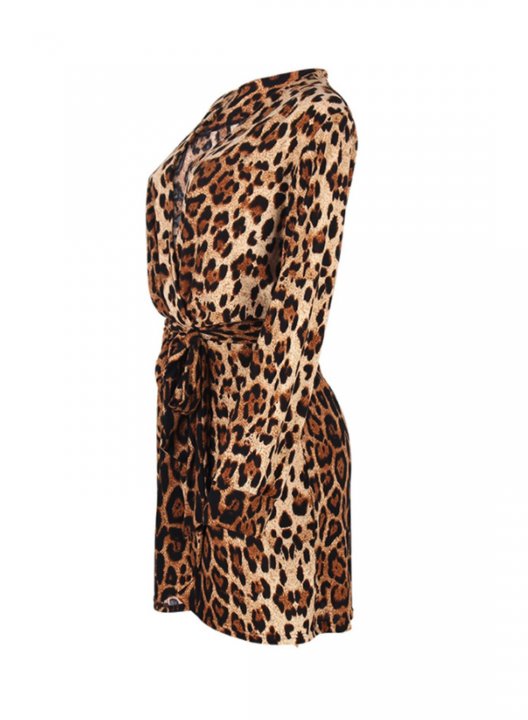 Women's Leopard Mini Dresses Long Sleeve V Neck Knot Casual Mini Dress