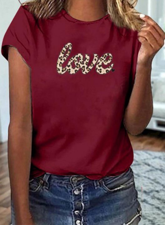 Women's T-shirts Letter Love Leopard Round Neck Short Sleeve Daily Casual T-shirts