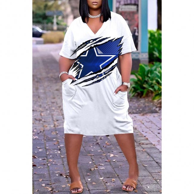 Dallas Cowboys Print Fashion Casual V Neck Short Sleeve Dress