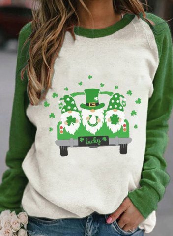 Women's St Patrick's Day Gnome Lucky Sweatshirts Color Block Shamrock Round Neck Long Sleeve Spring Casual Daily Shirts