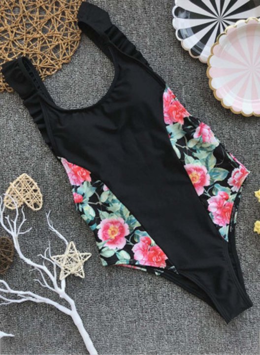 Women's One-Piece Swimsuits One-Piece Bathing Suits Floral Spaghetti Ruffle One-Piece Swimsuit