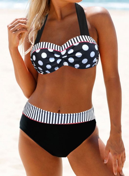 Women's Bikinis Striped Polka Dot High Waist Padded Beach Casual Bikini Bathing Suits