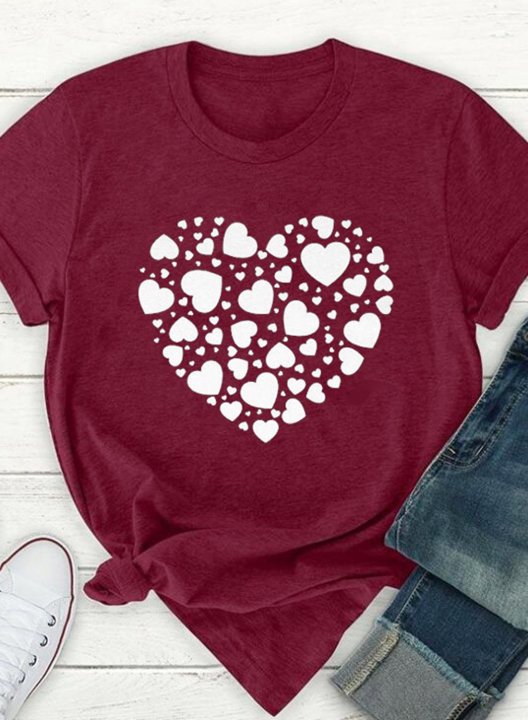 Women's Cute T-shirts Solid Heart Print Short Sleeve Round Neck Casual T-shirt