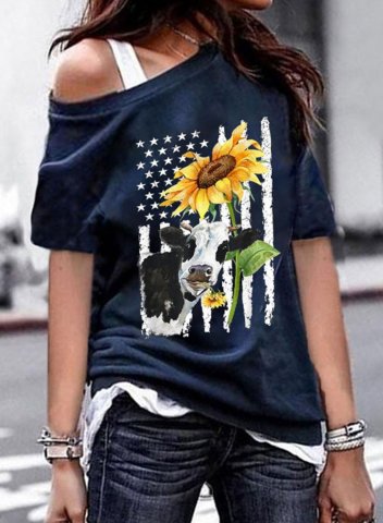 Women's T-shirts Sunflower Cow Flag Cold Shoulder T-shirt