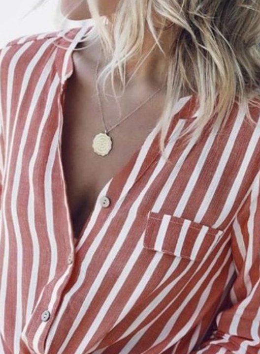 Women's Shirts Knot Striped Long Sleeve V Neck Daily Casual Shirt