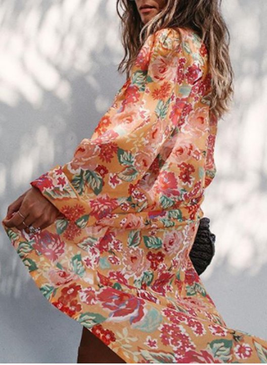 Women's Sun-proof Cover-ups Floral V Neck Long Sleeve Open Front Vacation Knot Boho Beach Casual Cover-ups