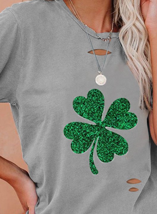 Women's T-shirts Clover Print Cut-out Sequin Short Sleeve Round Neck Daily T-shirt