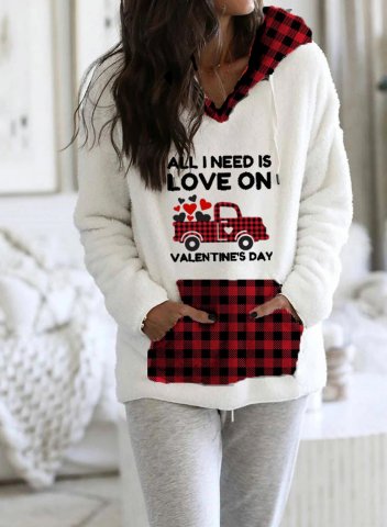 All I Need is Love Valentine's Day Women's Hoodies Drawstring Long Sleeve Plaid Solid Hoodies Letter With Pockets