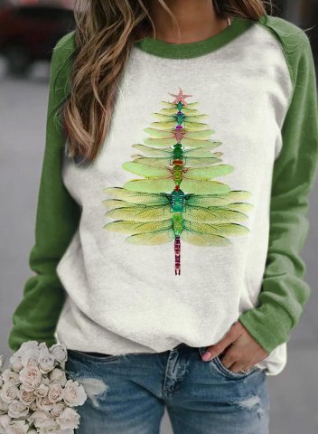 Women's Sweatshirts Dragonfly Christmas Tree Print Round Neck Long Sleeve Color Block Sweatshirts
