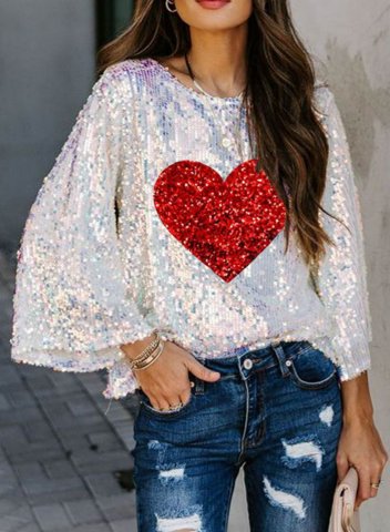 Women's Casual Sequin Heart Sweatshirt Color Block Long Sleeve Round Neck Party Pullovers