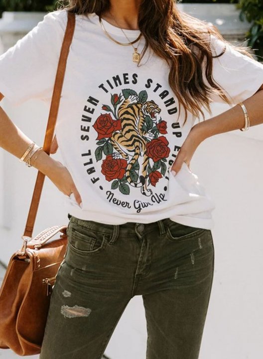 Women's T-shirts Letter Floral Short Sleeve Round Neck Daily Casual T-shirt