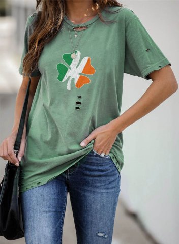Women's St Patricks Day T-shirts Casual Letter Cut-out Solid Round Neck Short Sleeve Daily T-shirts