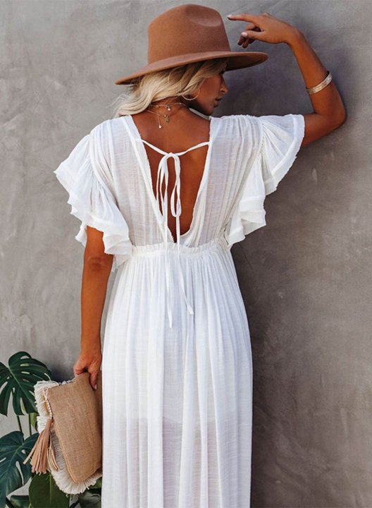 Women's Maxi Dresses Solid Short Sleeve Button V Neck Boho Beach Maxi Dress